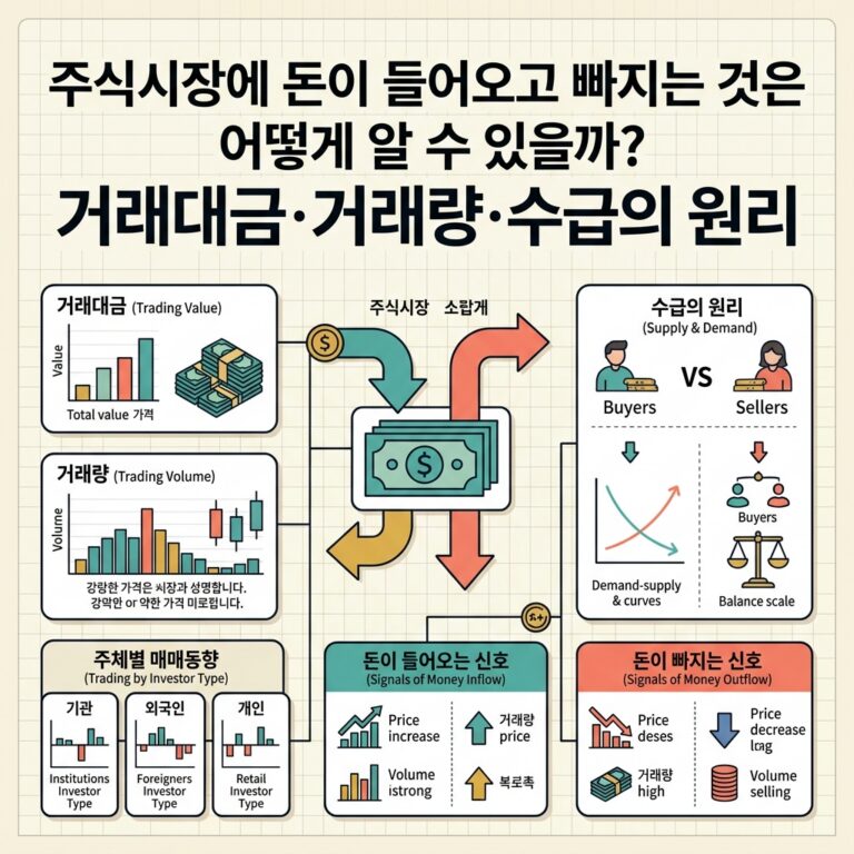 ai thumbnail infographic 주식시장에 돈이 들어오고 빠지는 것은 어떻게 알 수 있을까 거래대금·거래량·수급의 원리 1787646210
