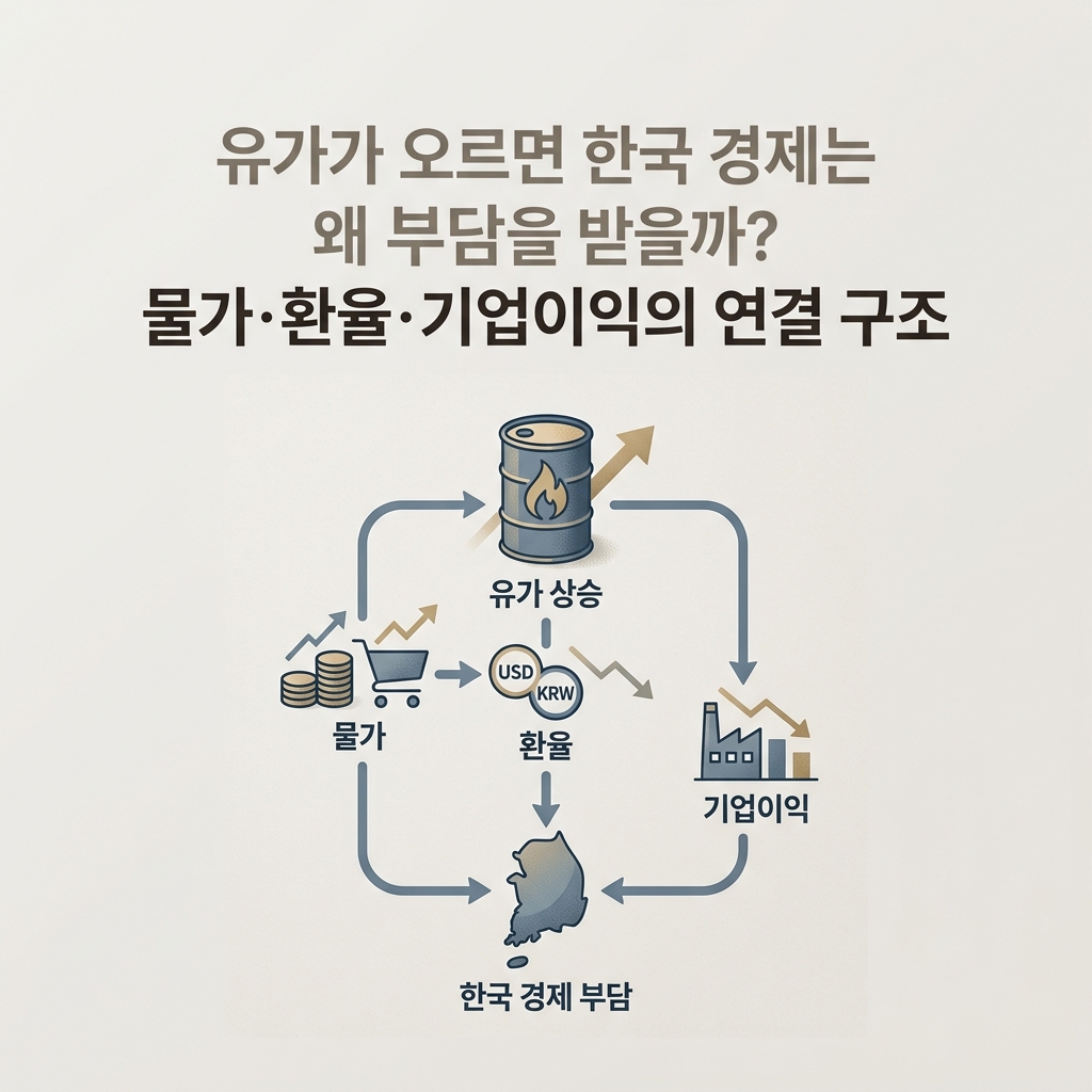 ai thumbnail minimal 유가가 오르면 한국 경제는 왜 부담을 받을까 물가·환율·기업이익의 연결 구조 1787635884